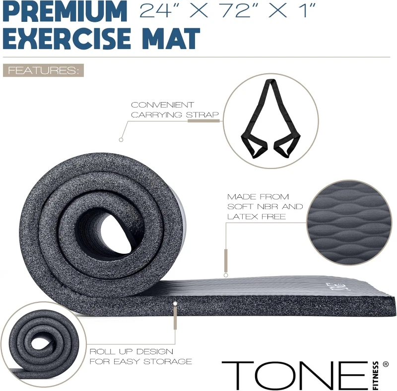 Tone Fitness 1-inch Thick High-Density Exercise Mat — Non-Slip Yoga/Pilates Mat 24 x 72 with Carry Strap