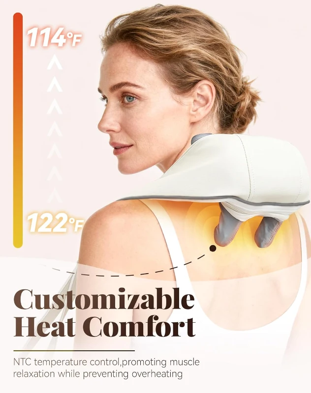 HVZZ 6D Shiatsu Neck & Shoulder Massager with Heat – Portable Rechargeable Deep Tissue Neck and Back Massager (Beige)