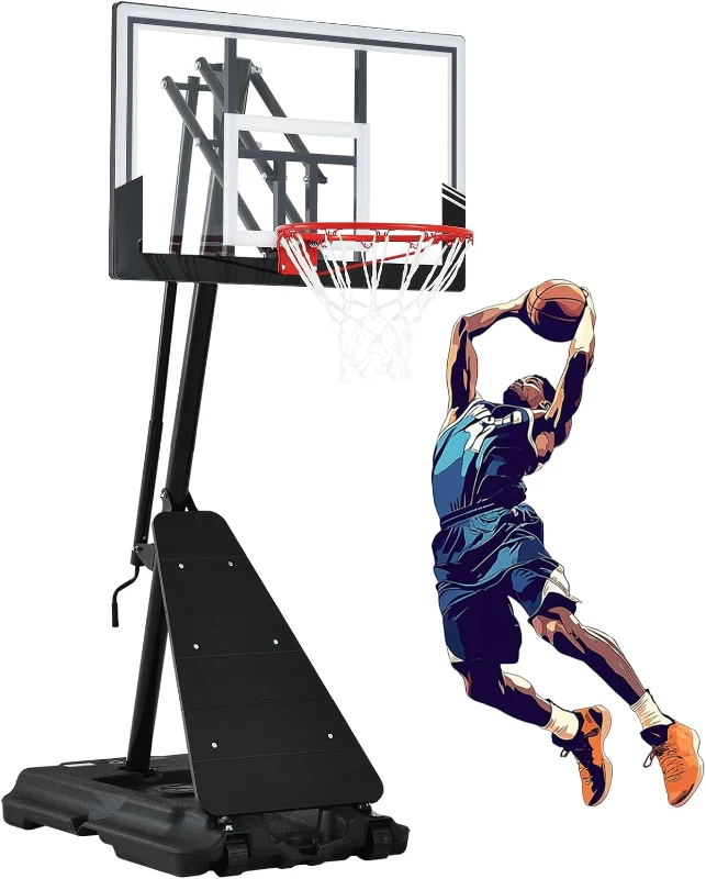 Portable Basketball Hoop with 44""/48"" Backboard, Stepless Crank Adjustment 5.3–10 ft, Heavy-Duty Outdoor/Indoor Goal System