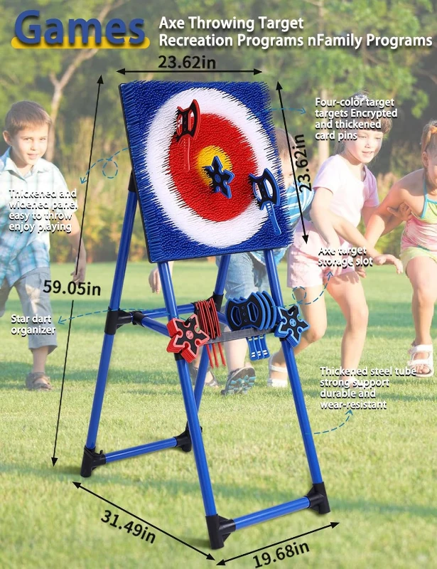 4-in-1 Bristle Axe Throwing Target Set with 8 Long-Handled Axes & 8 Star Darts - Indoor/Outdoor Yard Game