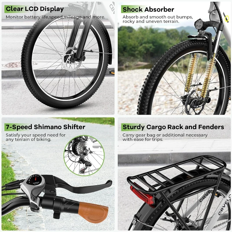 1000W Peak Electric Bike for Adults with Removable Battery, 26"" E-Bike, 7-Speed, Up to 25+ MPH and 80+ Mile Range — All-Terrain Commuter for Beach, Snow & Women