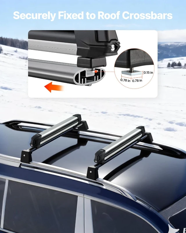 VEVOR Ski & Snowboard Roof Rack, Holds Up to 4 Pairs of Skis or 2 Snowboards, 2-Pack Aluminum Universal Top Mount with Lock & Rubber Padding, Also Fits Fishing Rods, Compatible with Most Crossbars