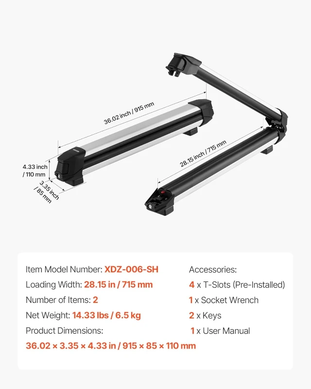 VEVOR Ski & Snowboard Roof Rack, Holds Up to 4 Pairs of Skis or 2 Snowboards, 2-Pack Aluminum Universal Top Mount with Lock & Rubber Padding, Also Fits Fishing Rods, Compatible with Most Crossbars