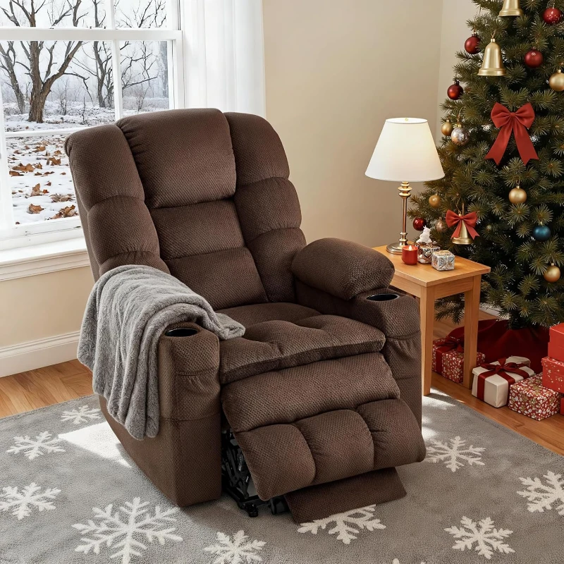 MCombo Large Triple-Motor Power Lift Recliner for Tall Seniors with Massage & Dual-Zone Heating, Adjustable Headrest — Fabric 7634 (Coffee, Large)