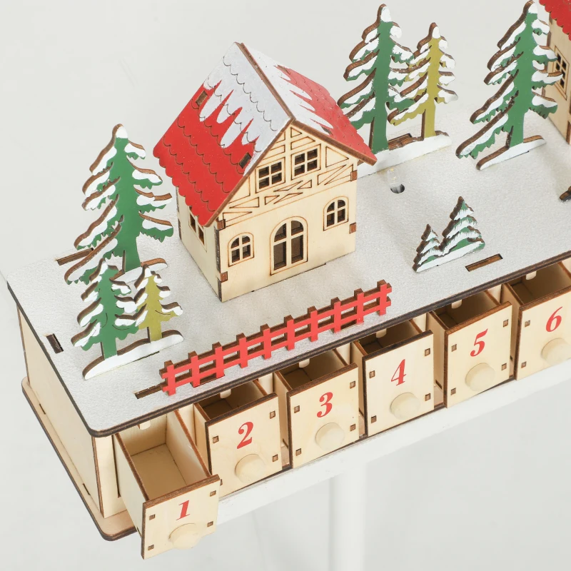HOMCOM Christmas Advent Calendar with 24 Countdown Drawers and LED Lights, Wood-Effect Advent Calendar, Battery Operated