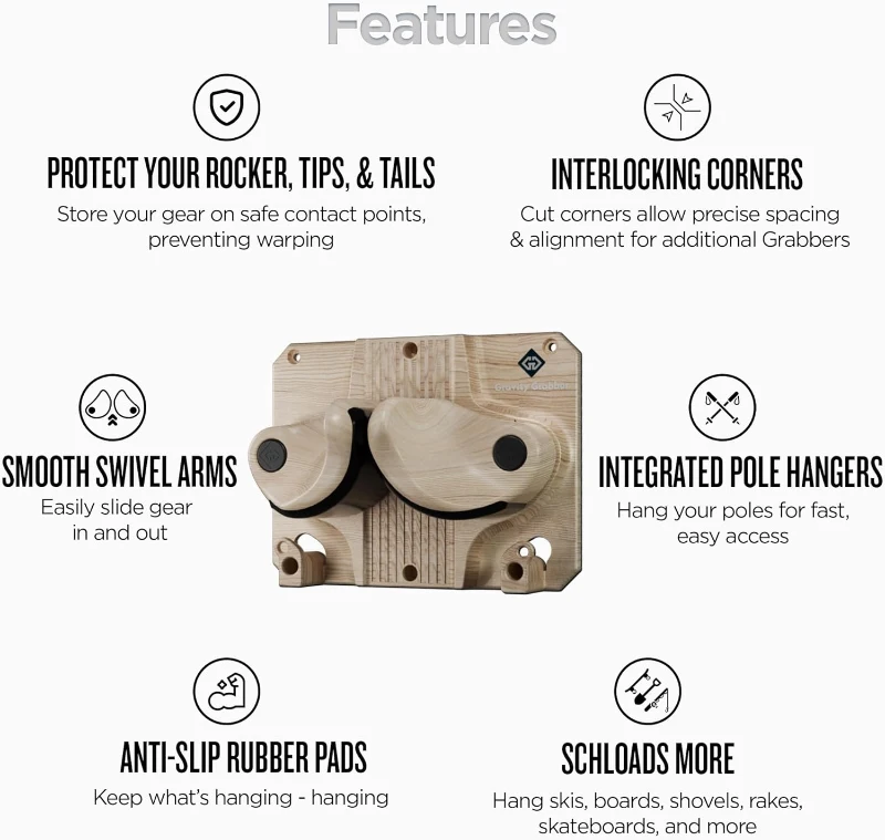 Gravity Grabber Indoor Ski & Snowboard Wall Rack - Secure Gravity-Lock Storage with Anti-Slip Pads, Integrated Pole Hanger, Interlocking Design (2-Pack)