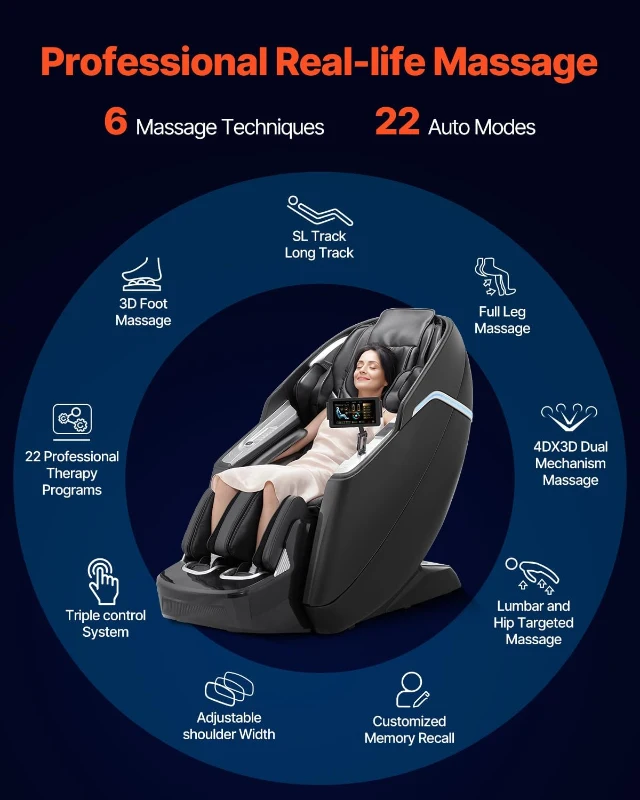 VEVOR 4D+3D Full-Body Massage Chair - 53"" SL Track, Dual-Core 4D+3D Mechanism, AI Voice, Electric Extendable Footrest, Yoga Stretch, TFT Touchscreen