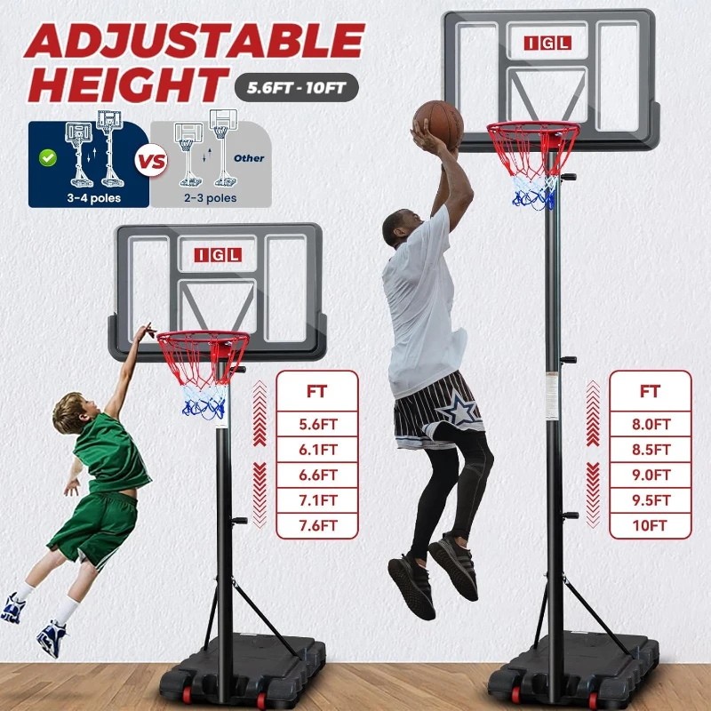 IGL Portable Basketball Hoop – 44"" PE Backboard, Adjustable 5.6–10 ft, Mobile Outdoor Goal with 13.2 GAL Base