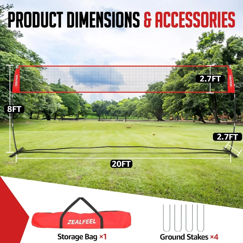 12ft/20ft Height-Adjustable Freestanding Volleyball Training Net for Backyard, Portable Pop-Up Practice System with Carry Bag