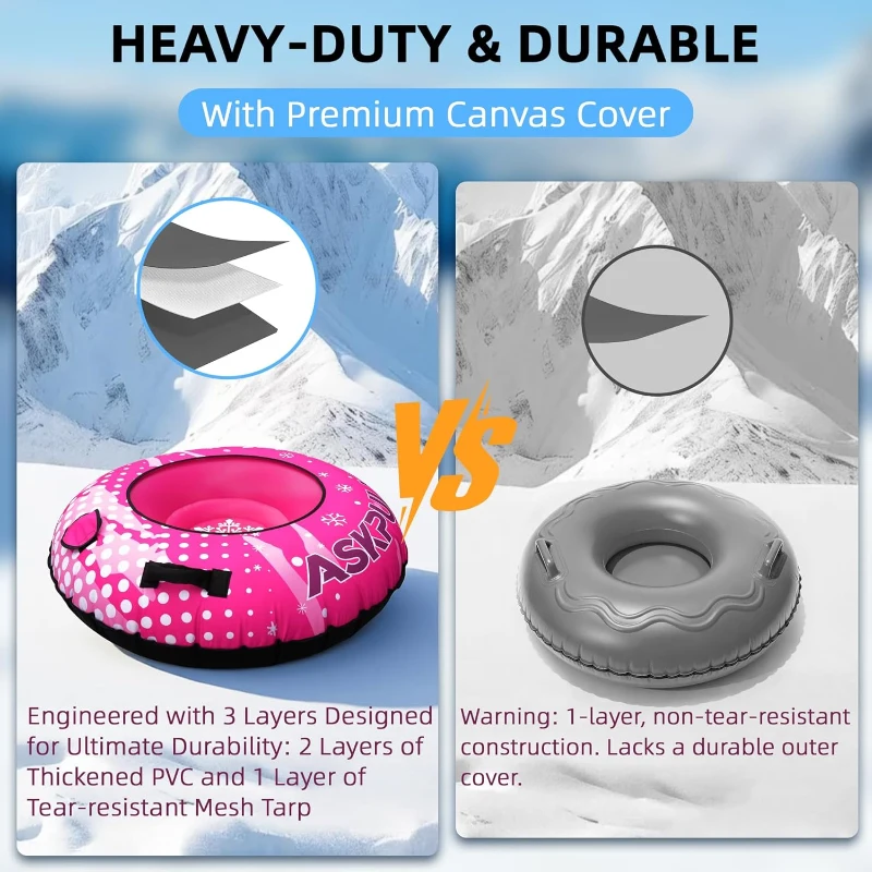 48"" Heavy-Duty Inflatable Snow Tube — Cold-Resistant with Canvas Cover, Padded Handles, Reinforced Bottom & Tow Rope, Ideal Winter Gift