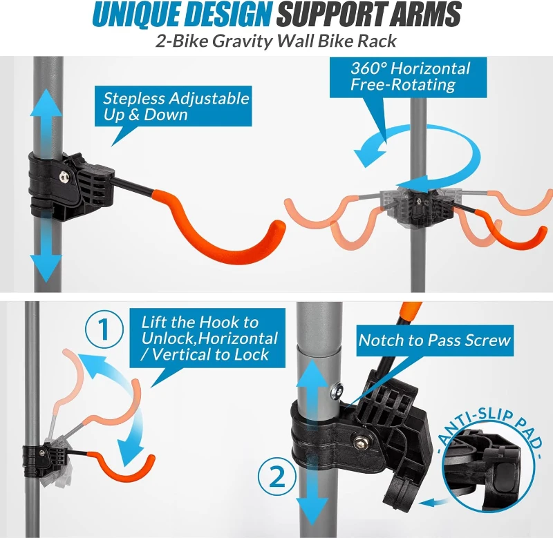 Suchtale 2-Bike Gravity Rack | Floor-to-Wall Bicycle Organizer for Garage & Indoor Storage — Adjustable Arms, Wall-Lean or Fixed Mount, Fits Road, MTB & E-bikes