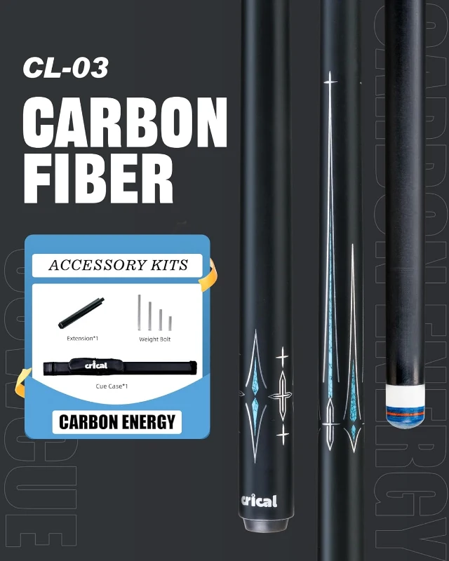 CRICAL 58"" Carbon Fiber Pool Cue Set CL-03 — Professional Low-Deflection Billiard Cue with 3/8×8 Joint, 12.5mm Tip and Accessories
