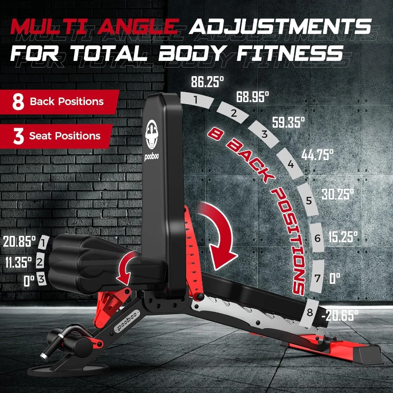 Pooboo Adjustable Weight Bench for Home – Heavy-Duty Strength Training Bench 1500 LBS Capacity, Flat/Incline/Decline for Full-Body Workouts