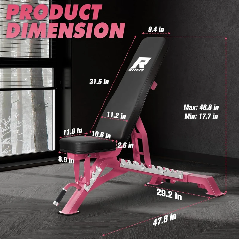 RITFIT Adjustable Weight Bench – 1300 lb Capacity with Multiple Back Positions for Incline, Decline and Flat Home Gym Training