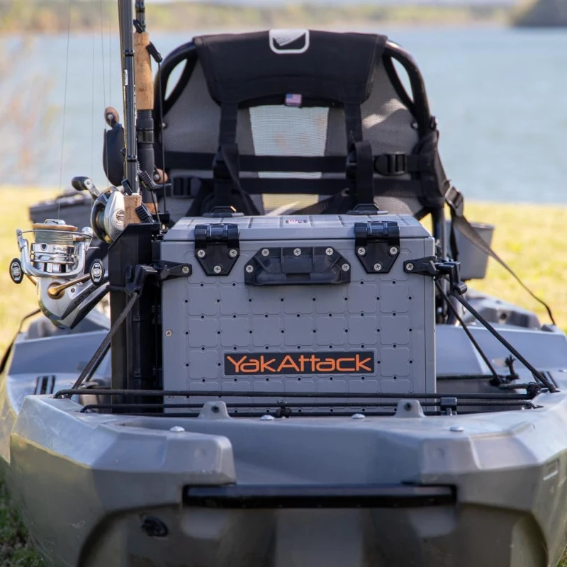 YakAttack BlackPak Pro 13in x 16in Kayak Fishing Crate – Battleship Grey, 4 TetherTube Rod Holders | Lightweight Durable Customizable