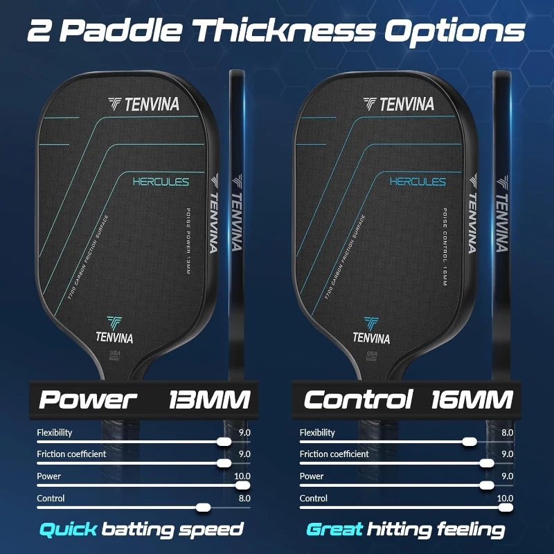 TENVINA Multi-Layer T700SC Textured Carbon Fiber Pickleball Paddle — USAPA Approved, Powerful Spin Surface, 4 Thickness & Shape Options