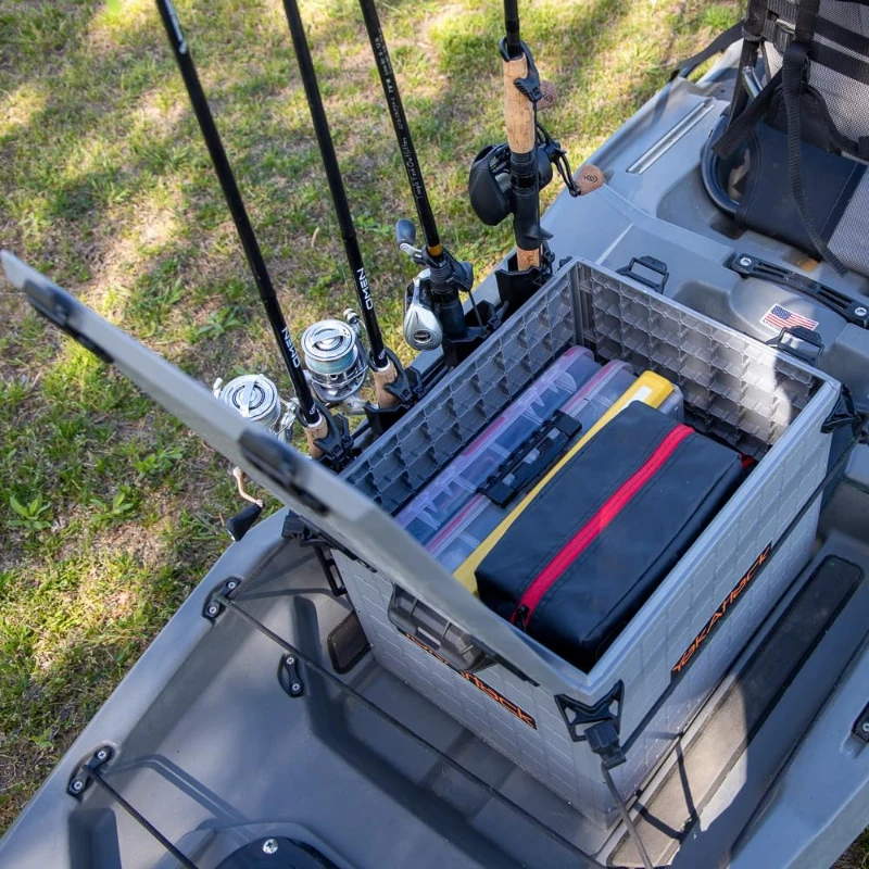 YakAttack BlackPak Pro 13in x 16in Kayak Fishing Crate – Battleship Grey, 4 TetherTube Rod Holders | Lightweight Durable Customizable