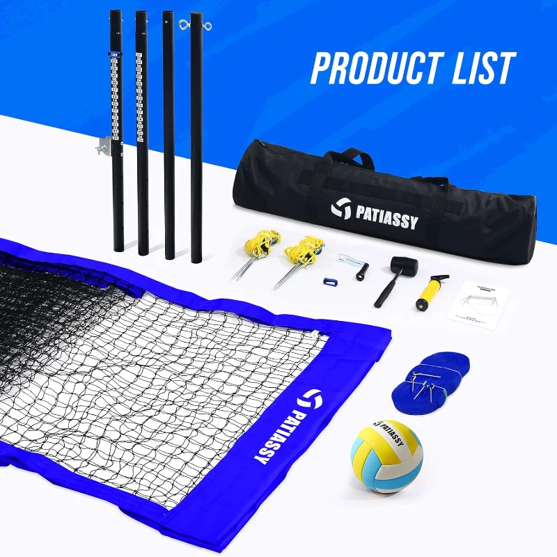 Patiassy Portable Heavy-Duty Outdoor Volleyball Net Set for Backyard and Beach – Adjustable Aluminum Poles with Winch, Steel Stakes, Anti-Sag Design, Pump & 1680D Carry Bag