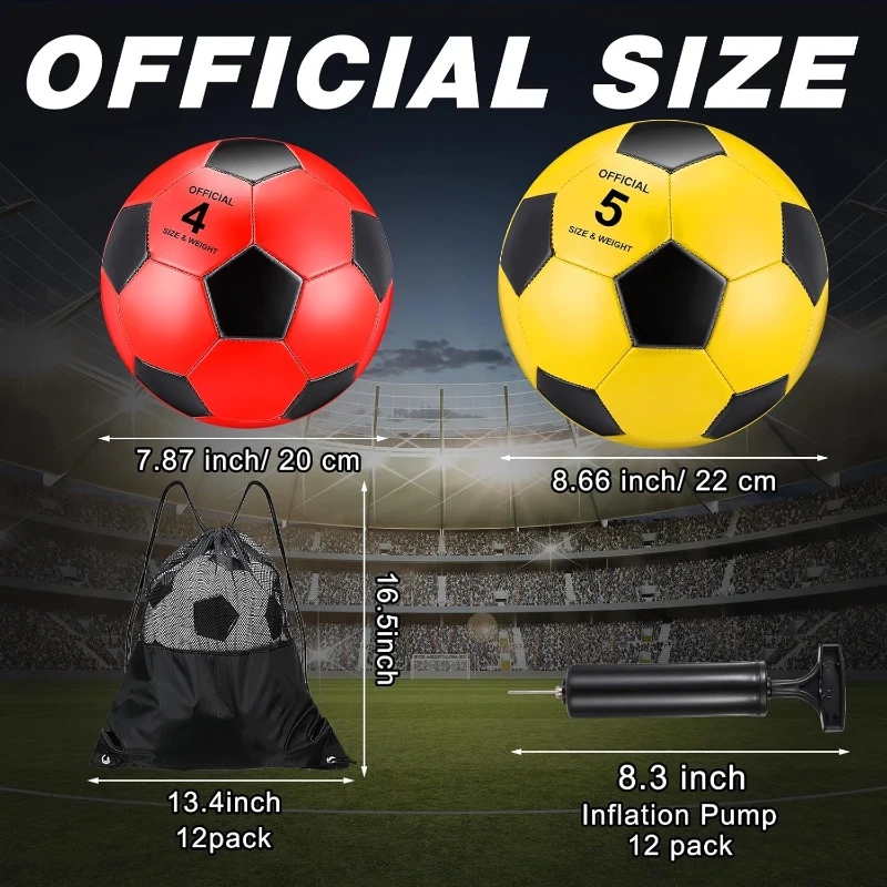 Operation Christmas — 12 Pc Bulk Deflated Soccer Balls (Sizes 5 & 4) with Pumps & Drawstring Bags — Official PVC Balls for Charity, Training and Xmas Gifts