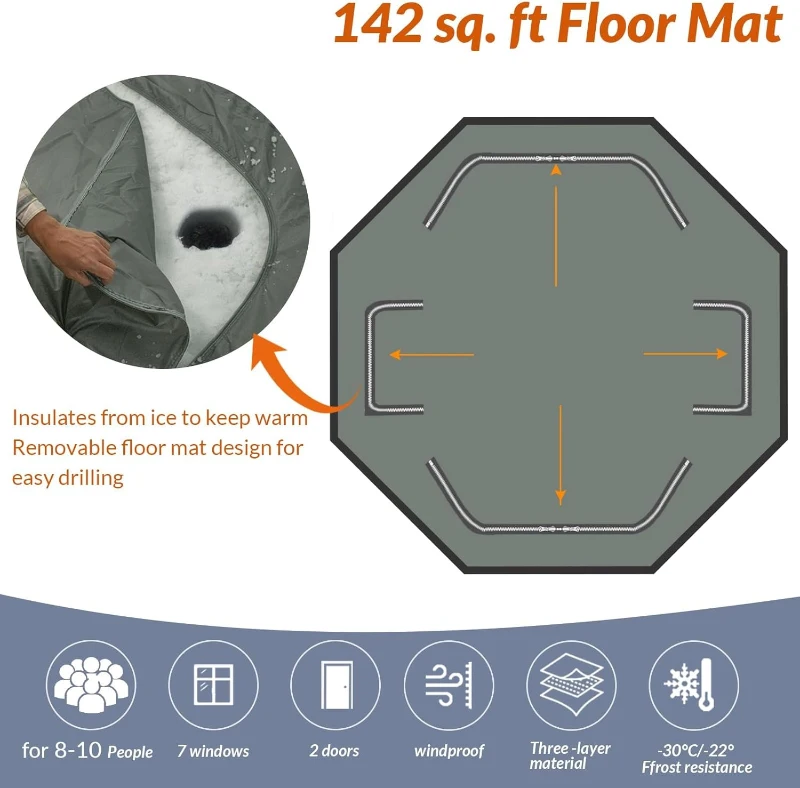 QualyQualy Pop-Up Insulated Ice Fishing Tent with Floor, 8–10 Person, 147 sq ft, Stove Jack