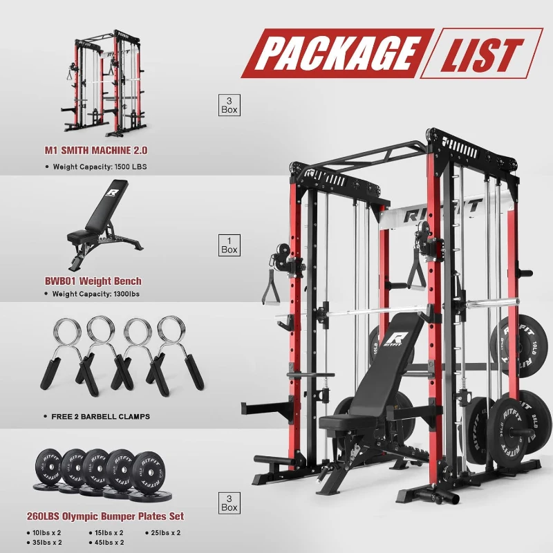RitFit M1 / M1 Pro Smith Machine with Cable Crossover — Multi-Function Power Cage Package for Home Gym