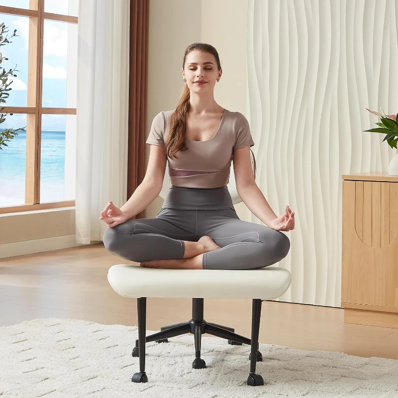 Bestier Contemporary Bentwood Meditation Chair with Wider Back Support, 360° Swivel and Height Adjustment for Cross‑Legged Seating, Supports up to 300 lbs (White)