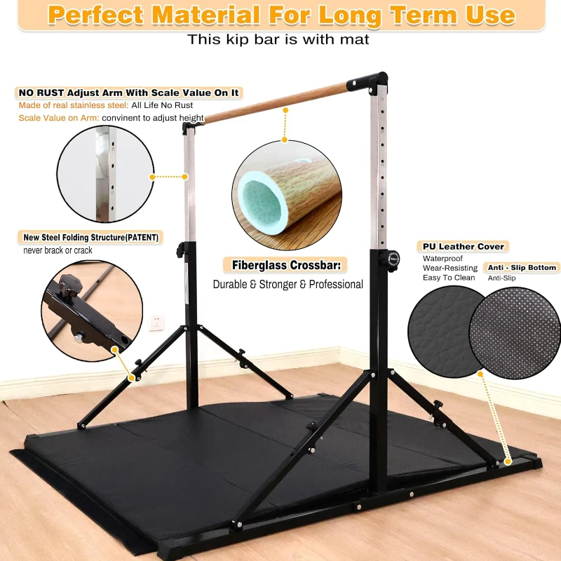 MARFULA Foldable Gymnastics Kip Bar – 4 ft Width (5 ft Base) Adjustable 36""–60"" Height, 400 lb Capacity with Fiberglass Crossbar, Foldable Design & Mats for Kids, Home and Club