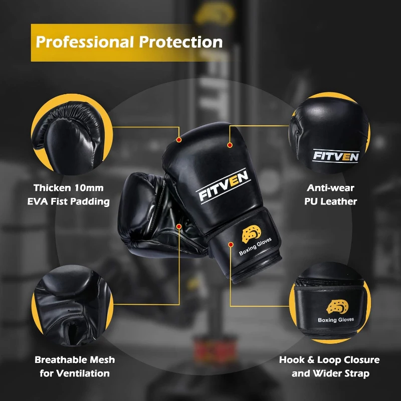 FITVEN Freestanding Kickboxing Bag with 12oz Gloves and Suction-Cup Base – Heavy-Duty Stand-Up Boxing Bag for Men