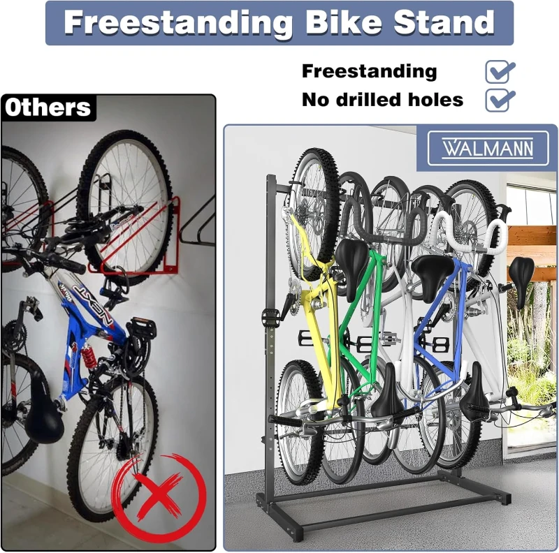 WALMANN Freestanding 5-Bike Floor Stand | Heavy-Duty Vertical Bike Storage for Garage & Shed, No Drilling Required