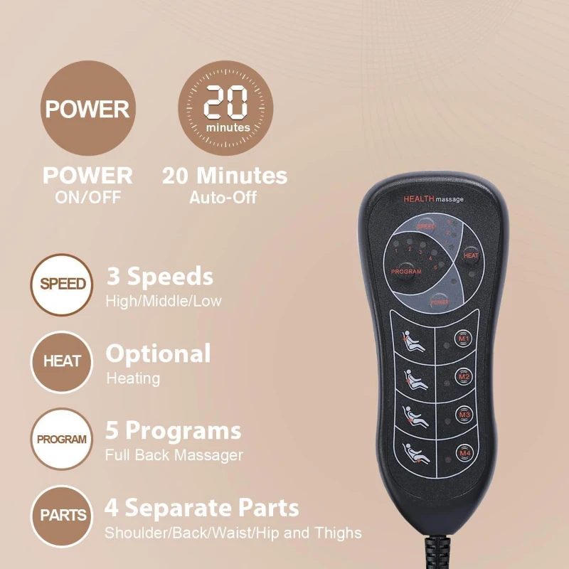 Vibrating Back Massage Chair Pad with Heat for Pain Relief — Full-Body Chair Massager with 10 Vibration Motors, Multiple Programs and Dual Adapters for Office & Recliner