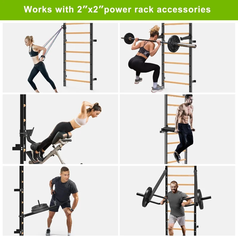 Kipika 2 x 2-inch Swedish Wall Ladder – Wall-Mounted Pull-Up Bar & Suspension Trainer with 1-inch Holes, Solid Wood Grips, Power Rack Compatible Gymnastic Stall Bar for Home, School and Wall Gyms