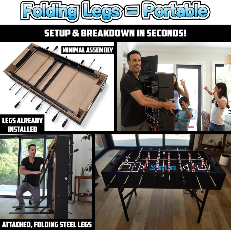 PartyLife 48"" Foosball Table with Folding Steel Legs, Optional LED Lighting, Smooth Play Surface