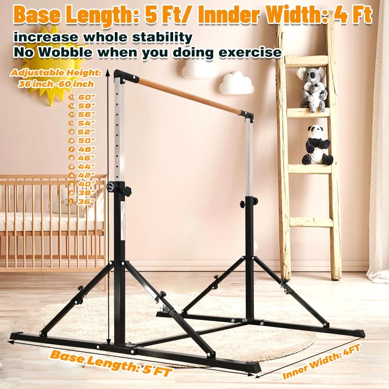 MARFULA Foldable Gymnastics Kip Bar – 4 ft Width (5 ft Base) Adjustable 36""–60"" Height, 400 lb Capacity with Fiberglass Crossbar, Foldable Design & Mats for Kids, Home and Club