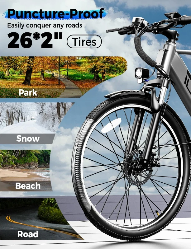 26"" YOLOWAY Commuter Electric Bike for Adults, Peak 1000W Brushless Motor, Up to 25 MPH, Removable 36V 10Ah (≈375Wh) Battery, 7-Speed, Front Suspension, ~40+ Mile Range