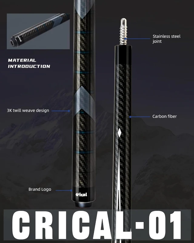 CRICAL 58"" Carbon Fiber Pool Cue – Professional Low-Deflection 12.5mm Tip, Zuma Ferrule, 3/8×8 Joint, 3K Woven Finish