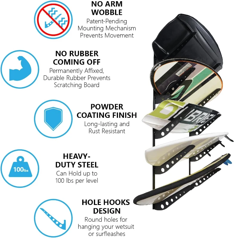 5-Board Adjustable Wall Mount Rack for Surfboards, Wakeboards & Snowboards