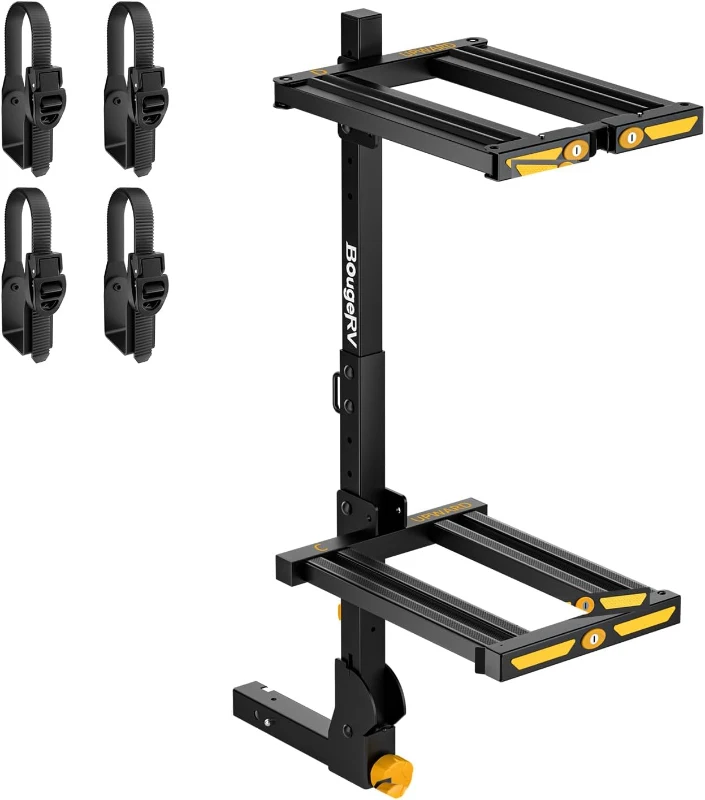 BougeRV 2025 Hitch-Mount Ski & Snowboard Rack with Lock — Folding, Tilting and Anti-Rattle Design for 2"" Receiver, Holds up to 6 Pairs or 4 Snowboards (Includes 4 Webbing Buckles)