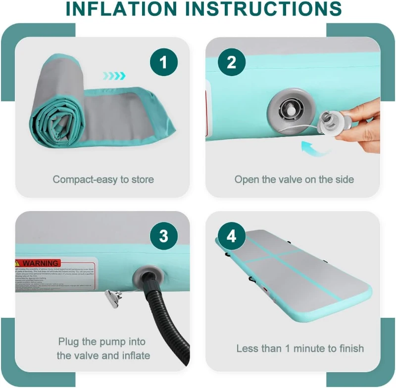 Portable Inflatable Air Gymnastics Mat — Air Tumble Track 6ft/10ft/13ft/16ft/20ft, 4"" or 8"" Thick, Electric Pump Included for Home, Cheer, Yoga, Pool & Beach