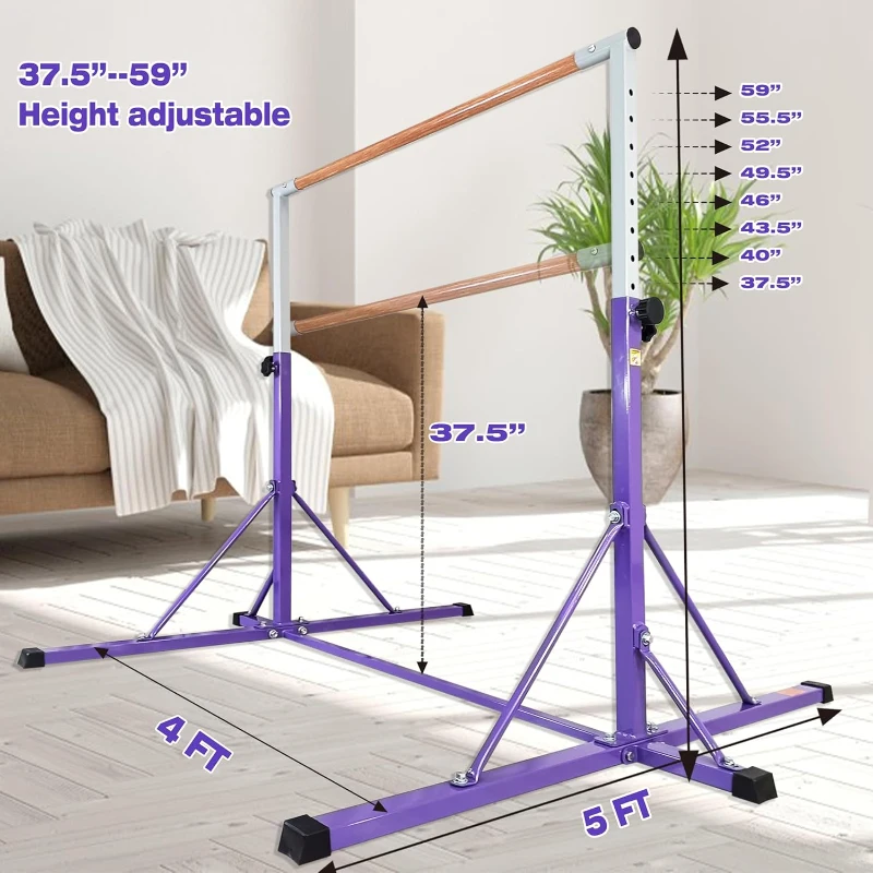 5FT/6FT Kids Adjustable Gymnastics Bar – Horizontal Training Bar for Ages 5–20, Height Range 35.4""–59"" / 45""–71"", 500 lb Max, Home Use