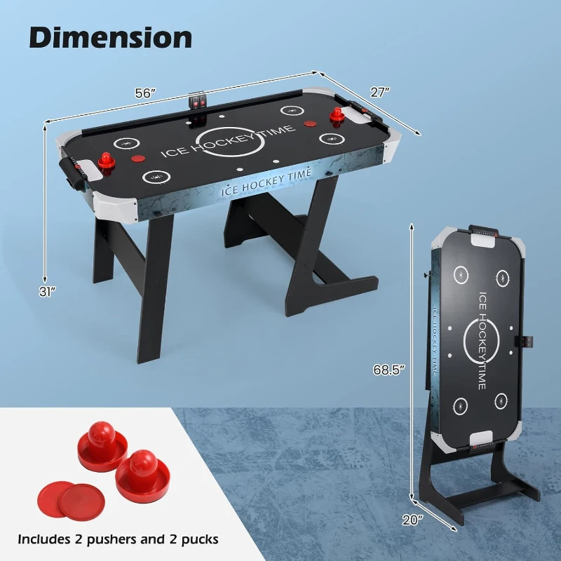 GYMAX 56"" Fold-Up Air Hockey Table — Arcade Style with Powerful 12V Motor, LED Digital Scoreboard, 2 Pushers & 2 Pucks — For Home, Game Room & Office