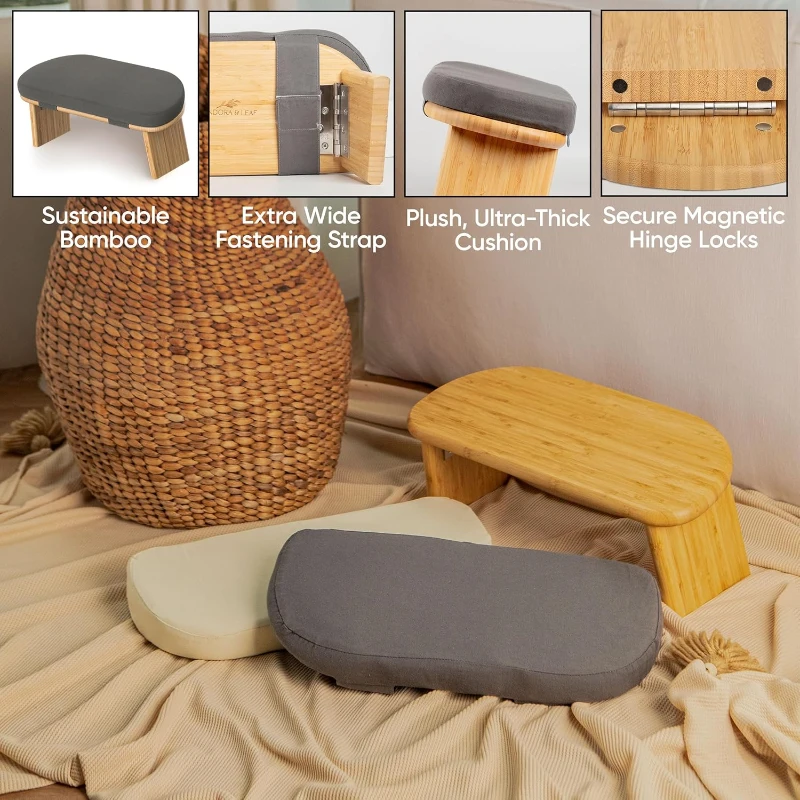 Portable Bamboo Seiza Meditation Bench with Removable 1.6"" Thick Cushion, Magnetic Locking Hinges and Canvas Carry Bag
