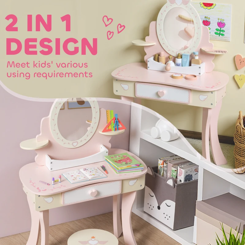 Qaba Kids Vanity Set, Girls Dressing Table with Mirror and Stool, 7 Accessories, Drawers, Desktop Storage, Pink