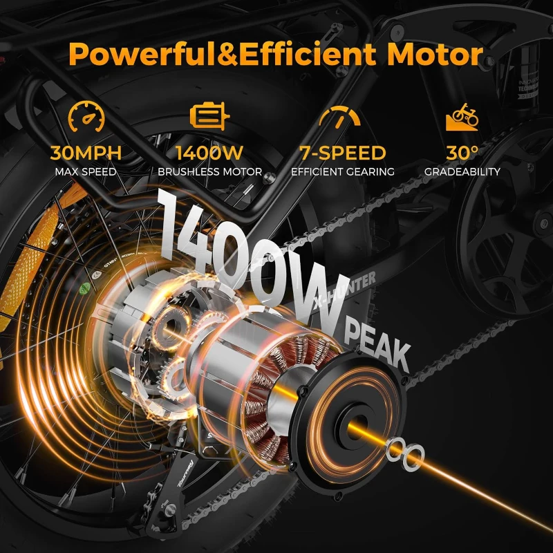 Jasion X-Hunter Foldable Electric Bike — 1400W Peak Motor, 30 MPH Top Speed, 624Wh Removable Battery, 20x4"" Fat Tires, Full Suspension, 7-Speed Adult E-Bike (70+ Mile Range)