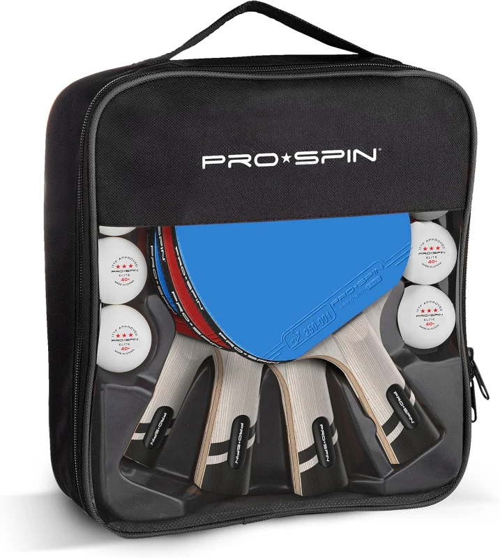PRO-SPIN Carbon Table Tennis 4-Pack — Pro-Level Rackets with 7-Ply Blade, ITTF Rubber, 2.0mm Sponge (2 Blue + 2 Red)