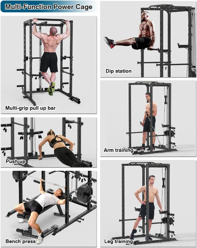 Multi-Functional Power Cage with J-Hooks, Dip Handles, Landmine & Optional Cable Pulley System — Heavy-Duty Home Power Rack