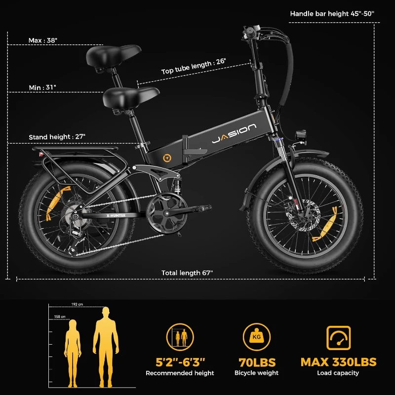 Jasion X-Hunter Foldable E-Bike — 750W Motor (Peak 1400W), 624Wh Removable Battery, 30 MPH, 20""x4"" Fat Tires, Full Suspension, 70+ Mile Range, 7-Speed