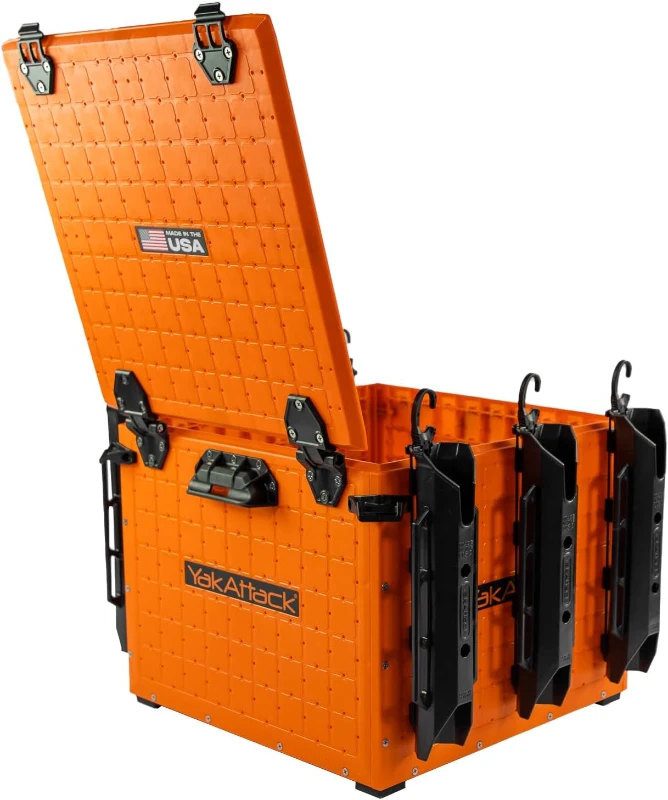 YakAttack BlackPak Pro 16"" x 16"" Orange Kayak Fishing Crate with 6 Rod Holders – Lightweight, Rugged Tackle Box & Organizer