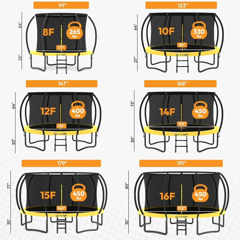 Jumpzylla 8FT–16FT Outdoor Trampoline with Enclosure & Ladder — ASTM F381-16 Certified | Anti-Corrosion Coated Frame for Kids & Adults