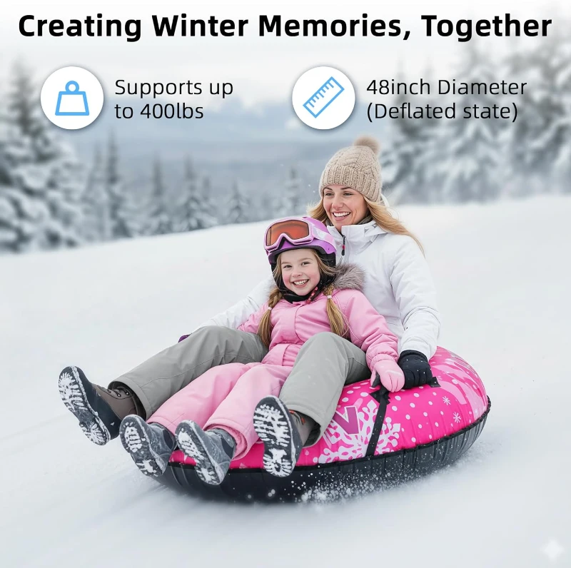 48"" Heavy-Duty Inflatable Snow Tube — Cold-Resistant with Canvas Cover, Padded Handles, Reinforced Bottom & Tow Rope, Ideal Winter Gift