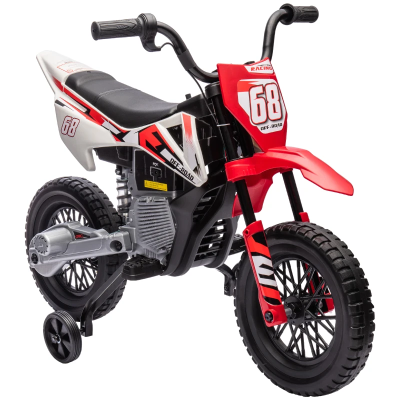 Qaba 12V Kids Dirt Bike, Electric Motorcycle with Twist Grip Throttle, Training Wheels, Rear Suspension & Music, Red